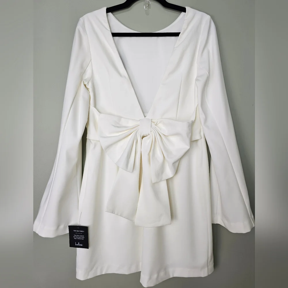 Lulu's White Long-Sleeve Mini Dress with Back Bow - Picture 5 of 10